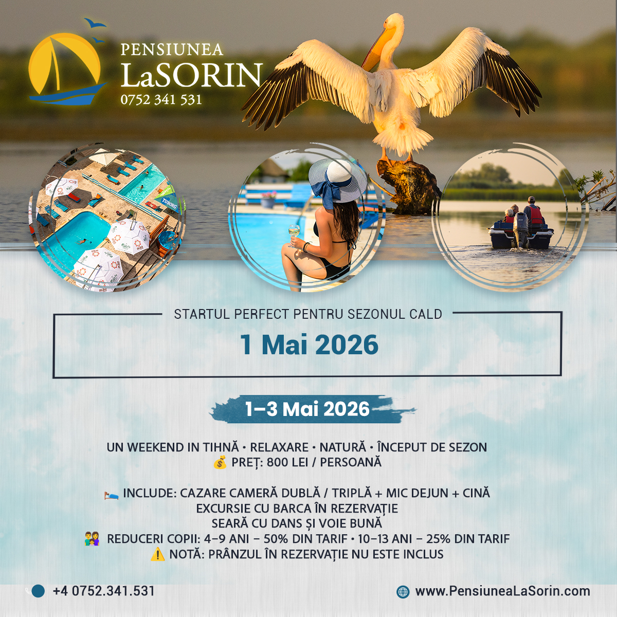 1 Mai 2026 Murighiol – ofertă cazare la Pensiunea La Sorin, Delta Dunării